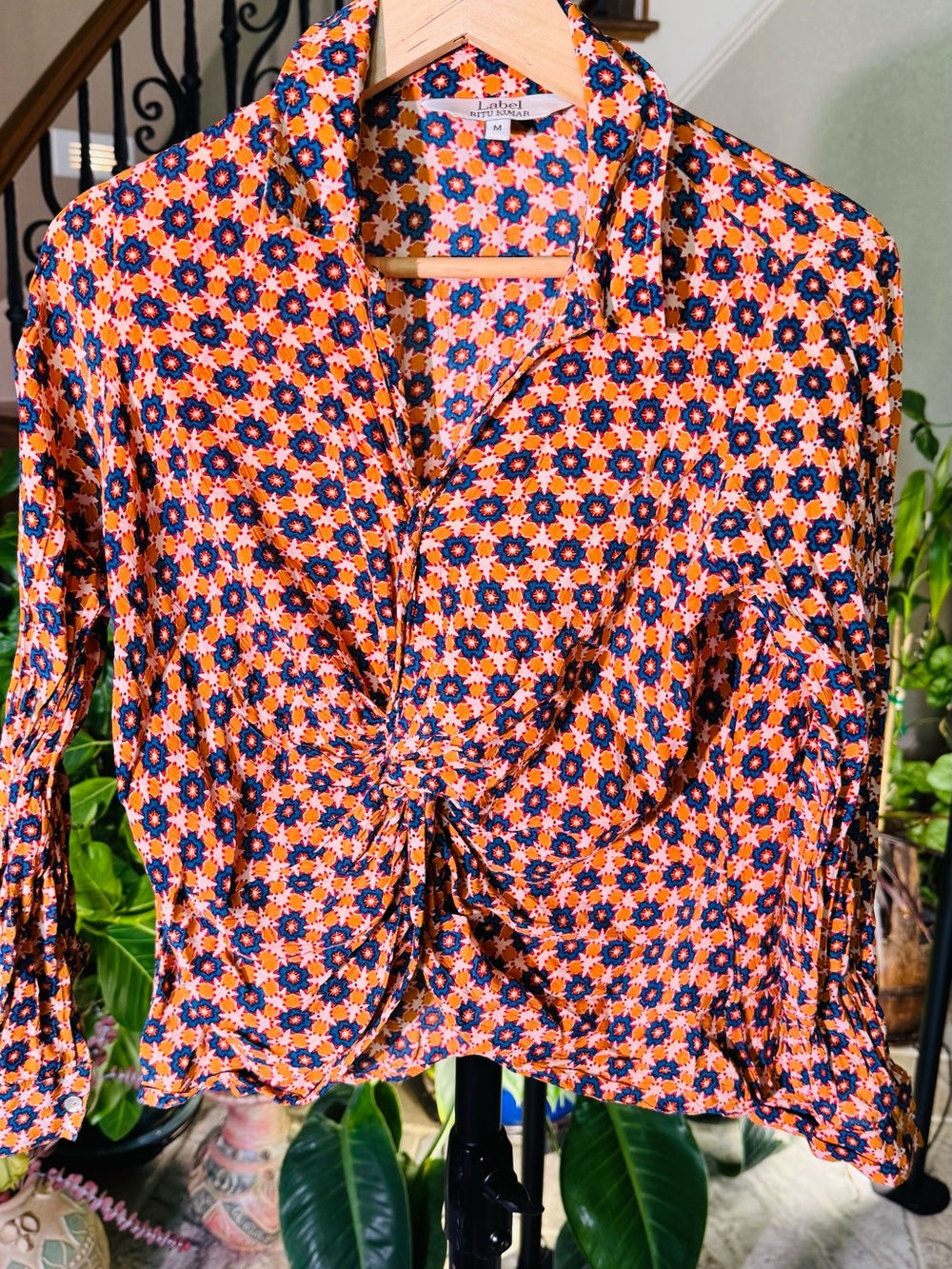 Ritu Kumar Orange Floral Twist-Front Blouse with Navy Accents